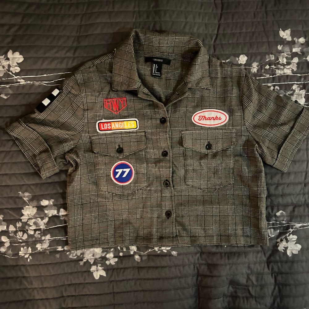 Forever 21 Green Plaid Button Down Shirt with Patches